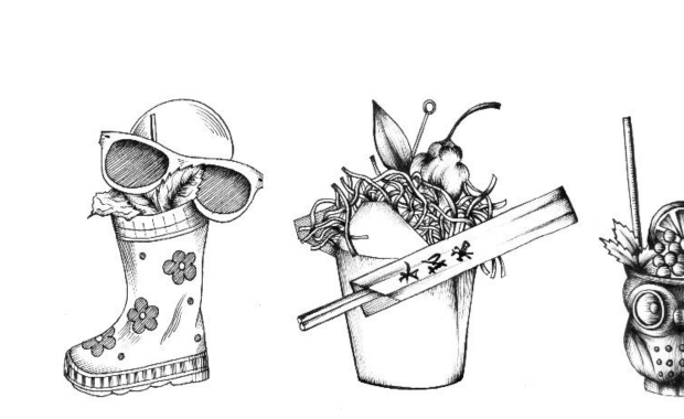 Sketches of the signature cocktails served in Her Majesty's Secret Service bar