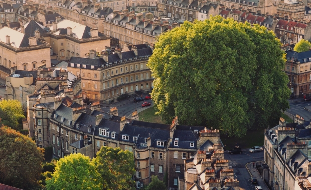 an aerial image of one of Bath's crescents 