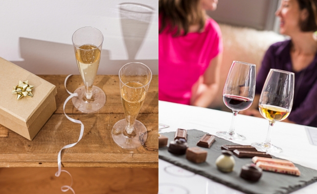 wine and choc board on the right and two champagne glasses on the left